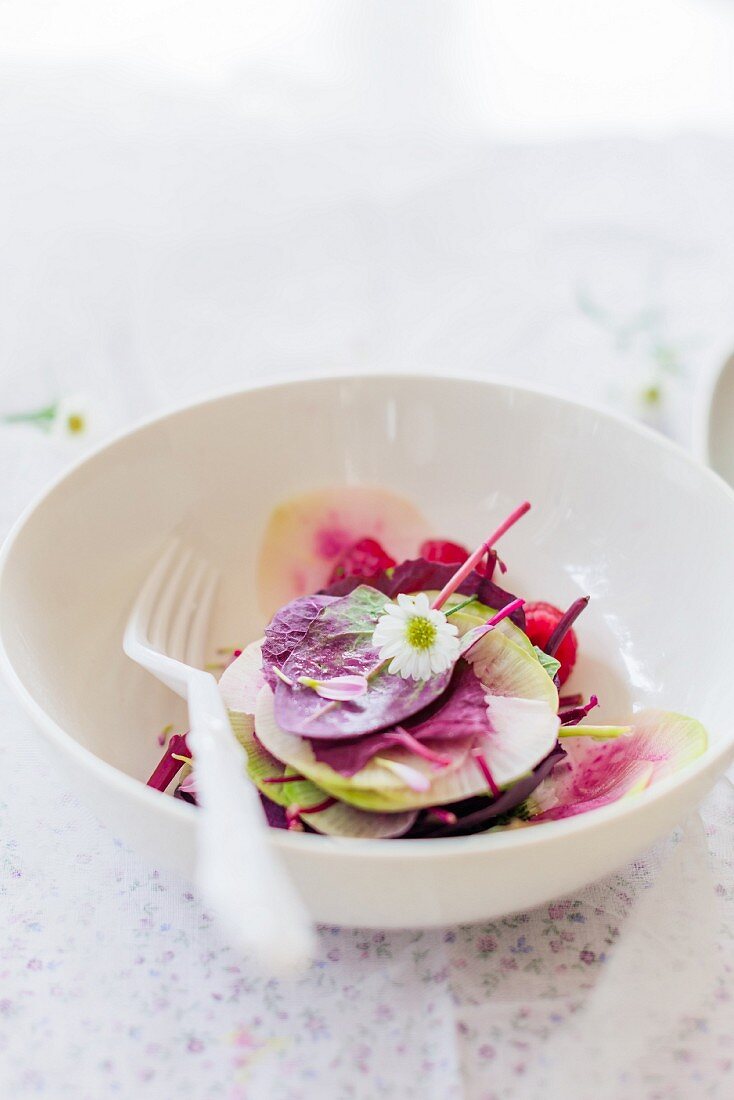 Purple spinach salad with watermelon and radishes