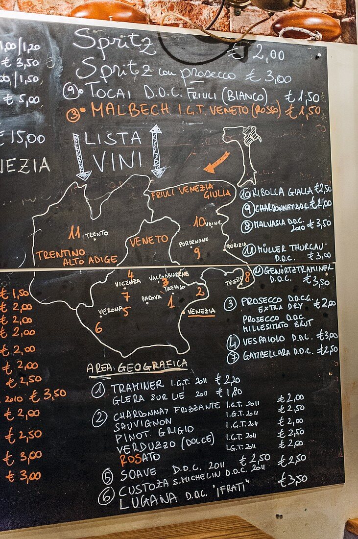The wine list in 'Bacari Ciurma', Venice