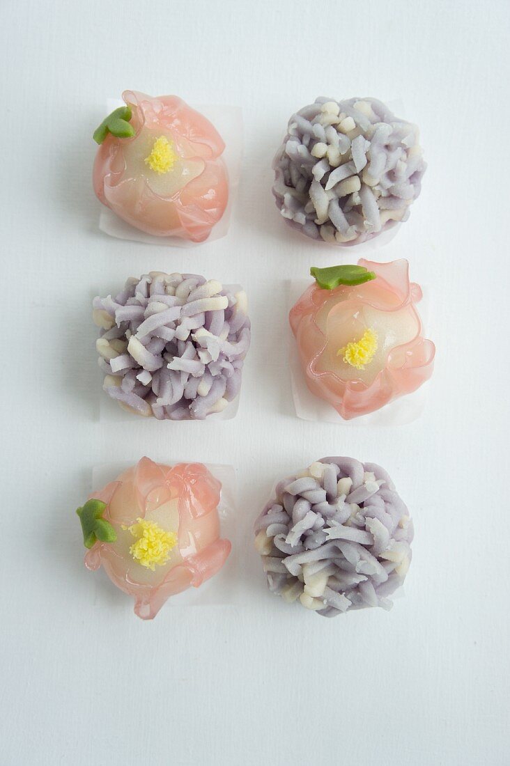 Hydrangea and peony wagashi (Japanese sweets)