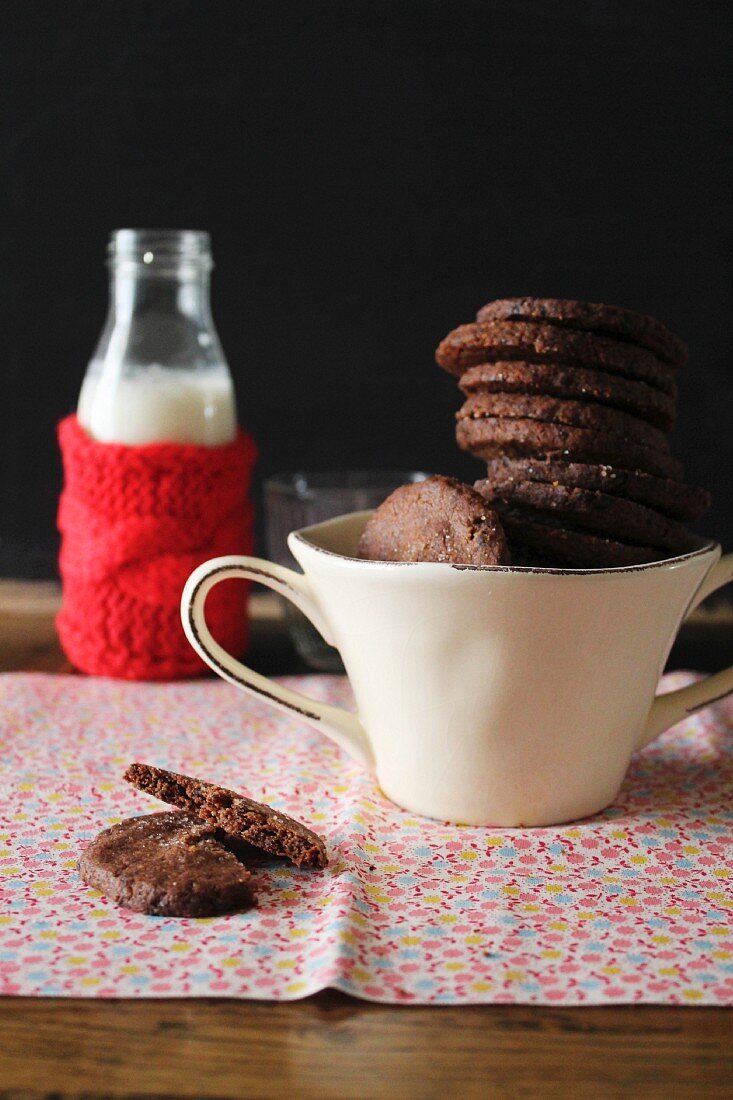 Chocolate biscuits and a bottle of milk