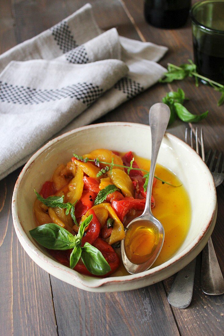 Marinated, grilled peppers with basil