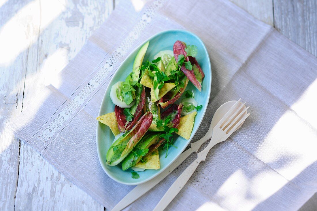 A mixed leaf salad with avocado, coriander and tortilla chips