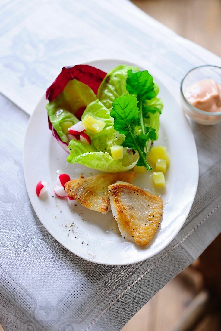 Gebratene Steinbuttfilets mit Blattsalat