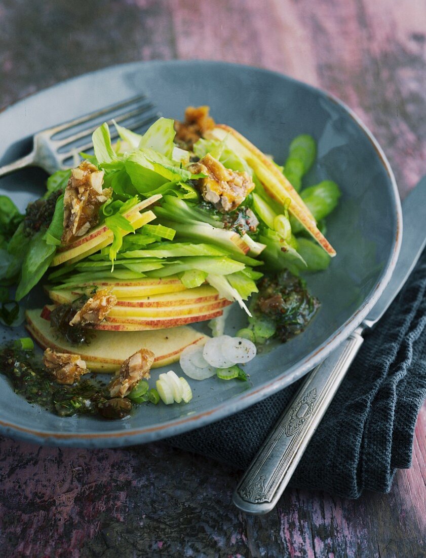 Apple and celery salad with hazelnut brittle