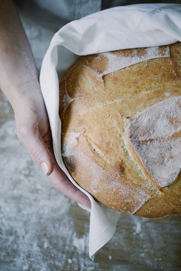 Hand hält frisch gebackenes Brot