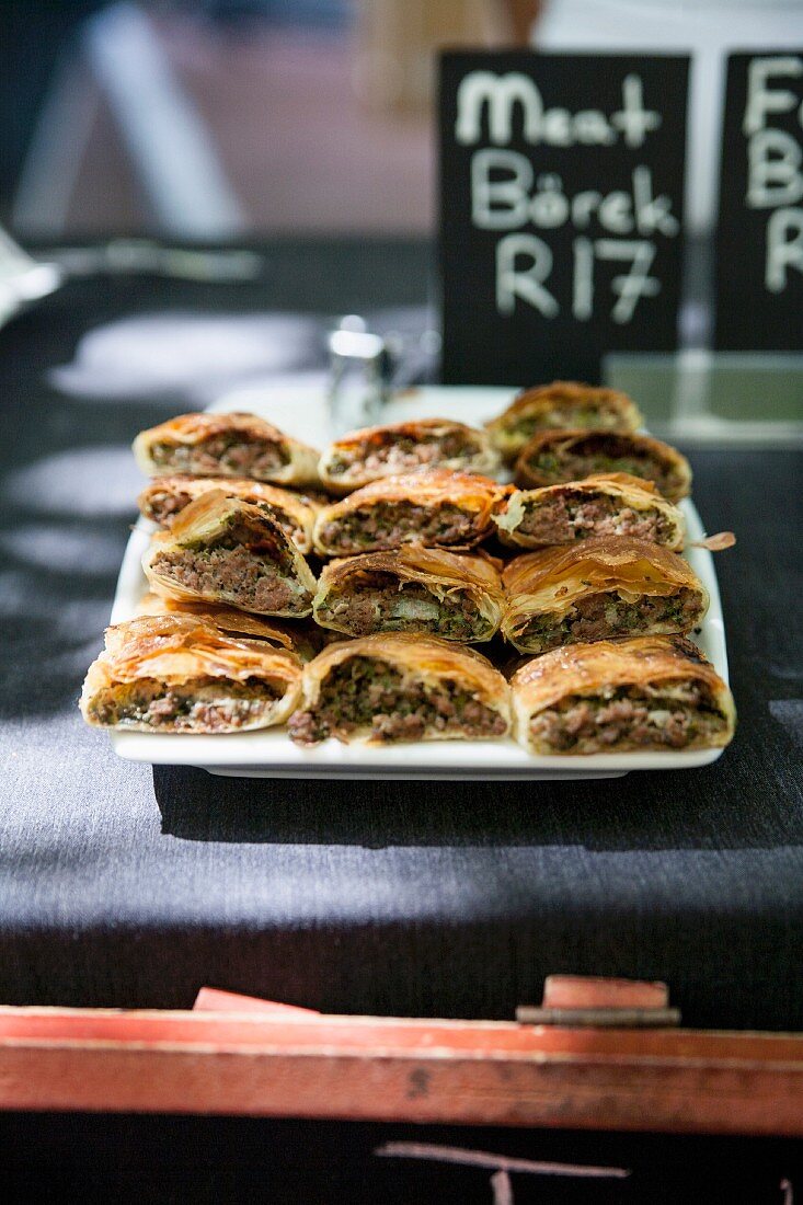 Borek filled with minced meat in a restaurant