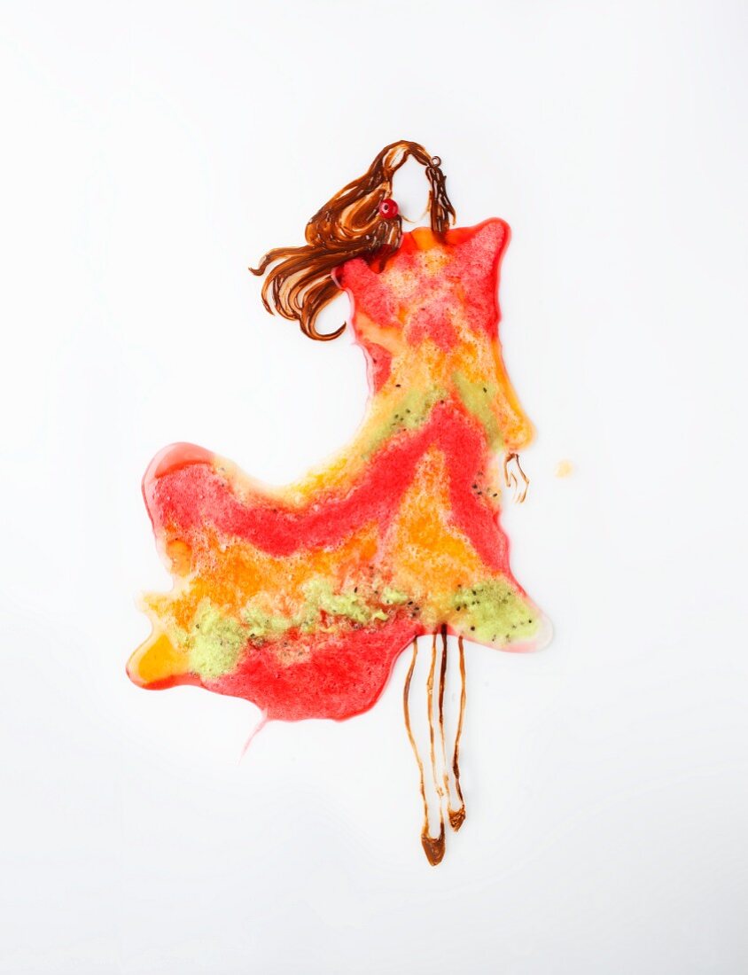 Fashion Food: Frauenfigur mit Kleid aus Fruchtsorbet
