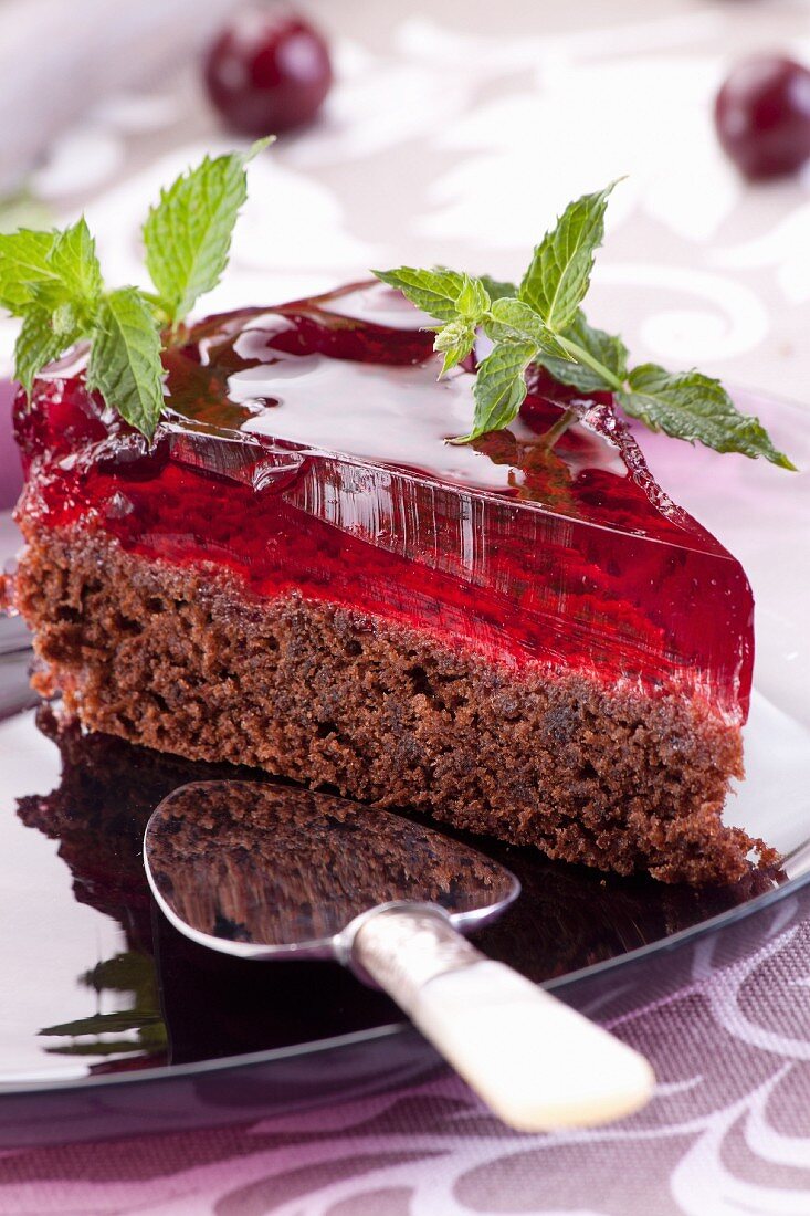 A slice of chocolate cake with cherries and jelly