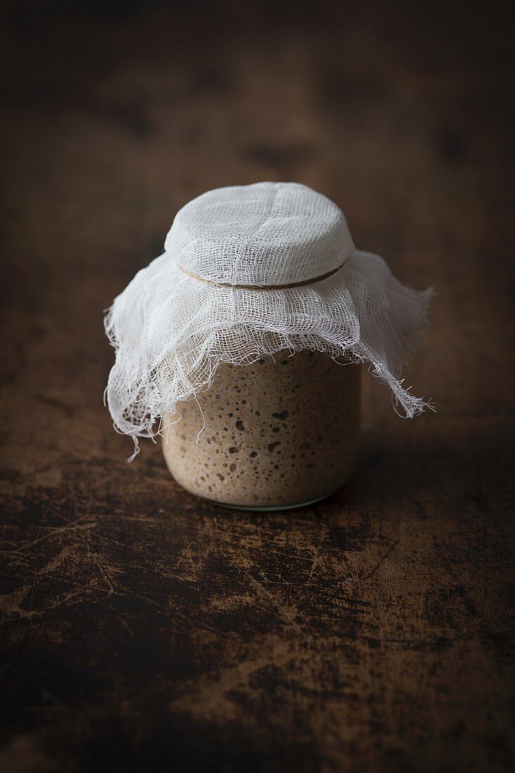 Sourdough starter in a glass jar