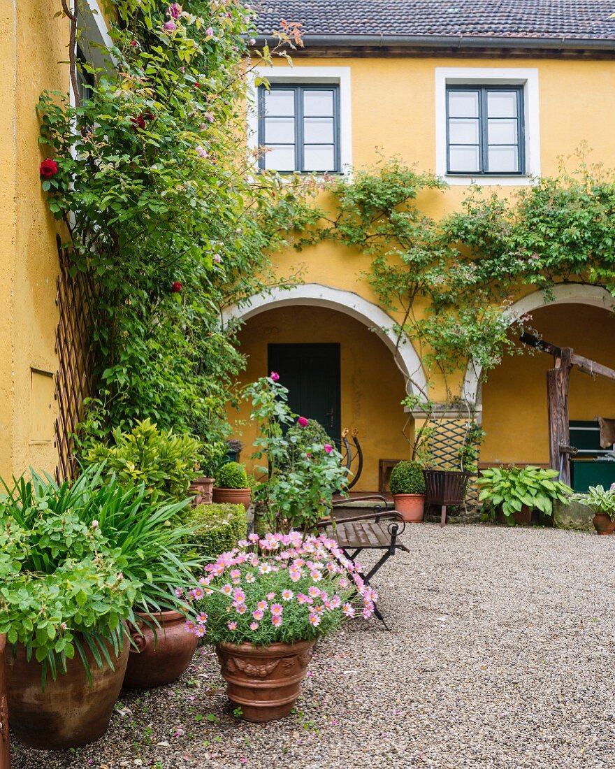 Courtyard of yellow-painted villa with arcades and potted plants on gravel floor