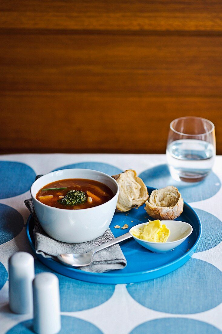 Hearty vegetable soup with pesto