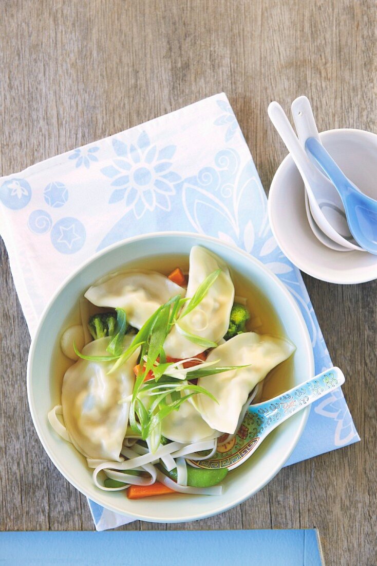 Gemüsesuppe mit Teigtäschchen und Tofu (Asien)
