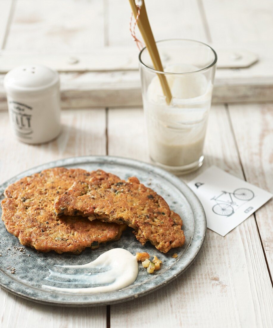 Chickpea and soya pancakes with vegan aioli made from silken tofu