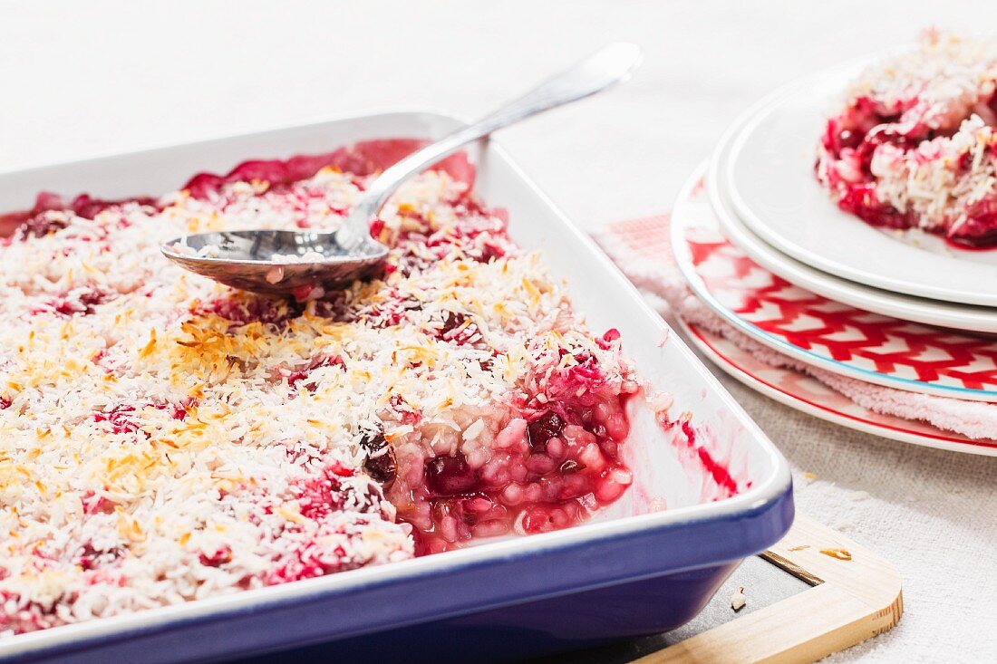 Vegan coconut rice pudding with cherries