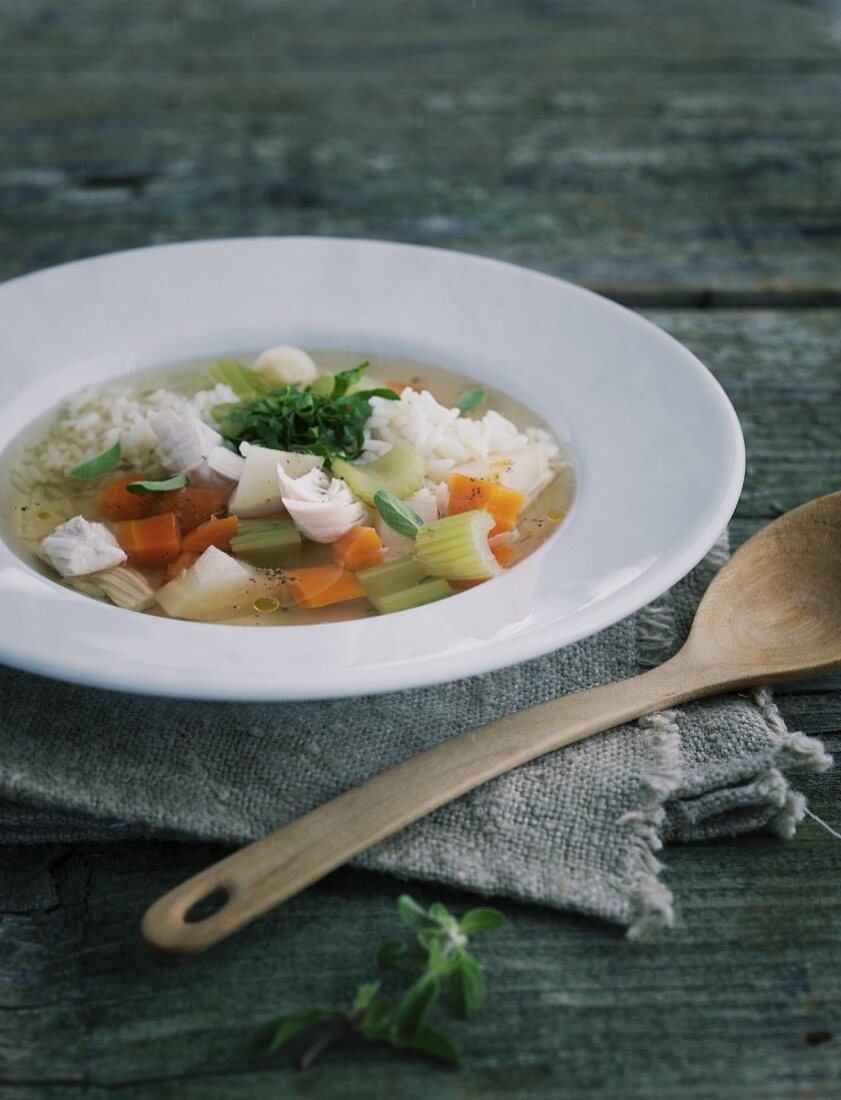 Chicken soup with root vegetables and rice
