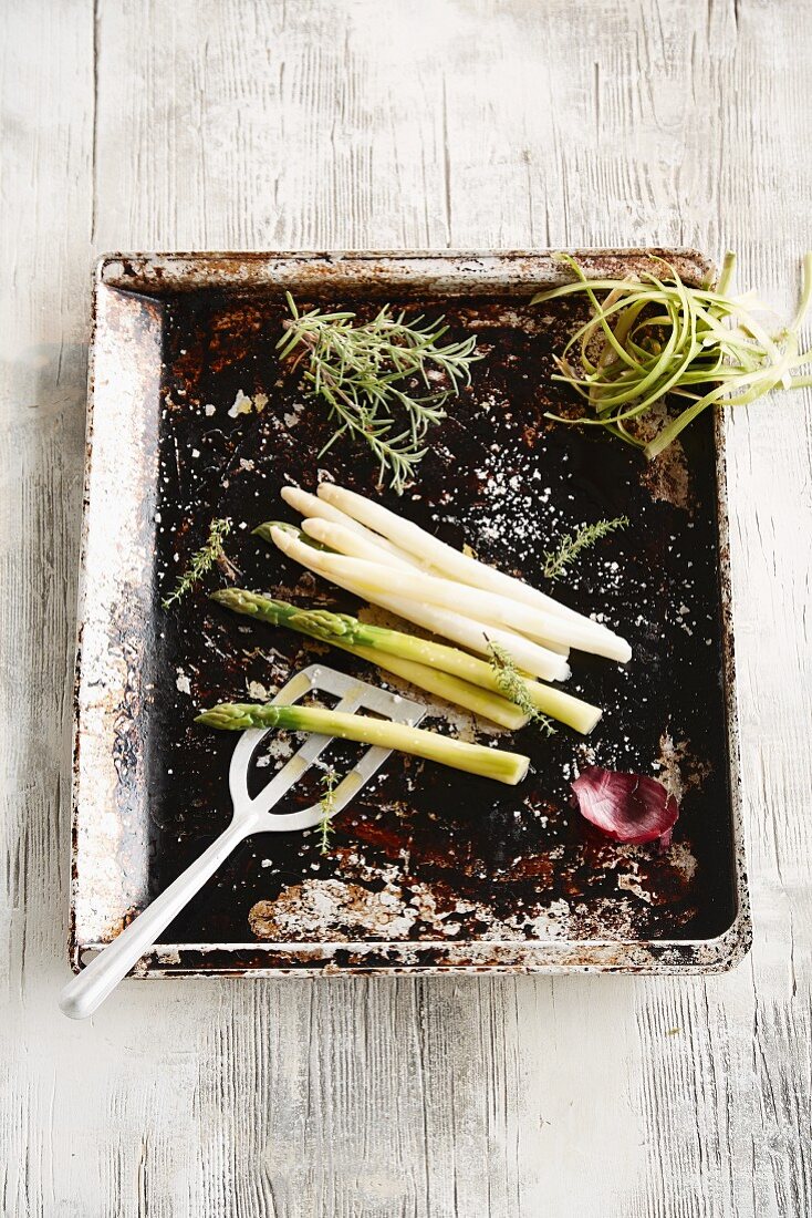 Asparagus on a baking tray
