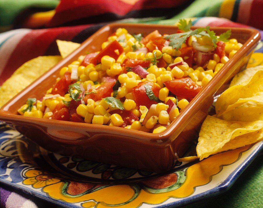 Sweetcorn salsa with Romato tomatoes and red onion (Mexico)