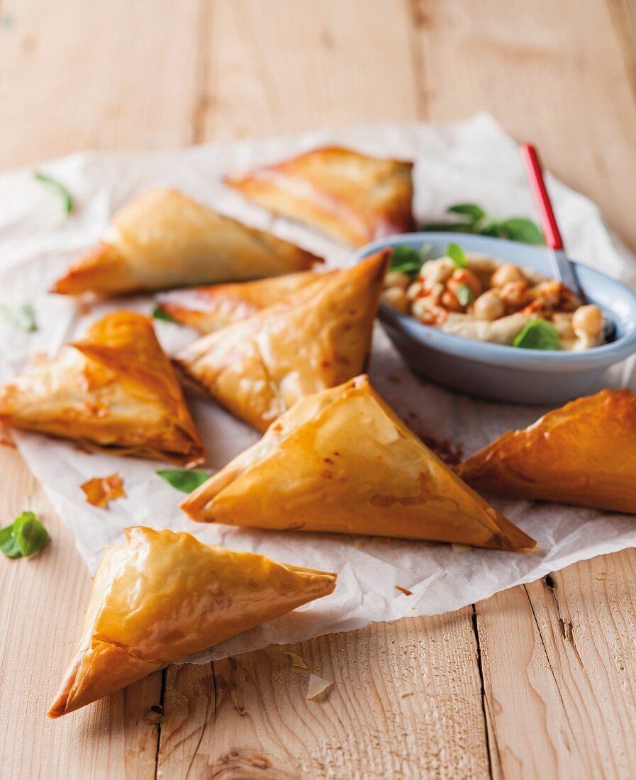 Filo pastry pasties filled with mushrooms and spinach