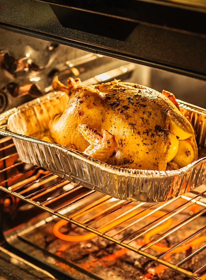 A turkey in an oven