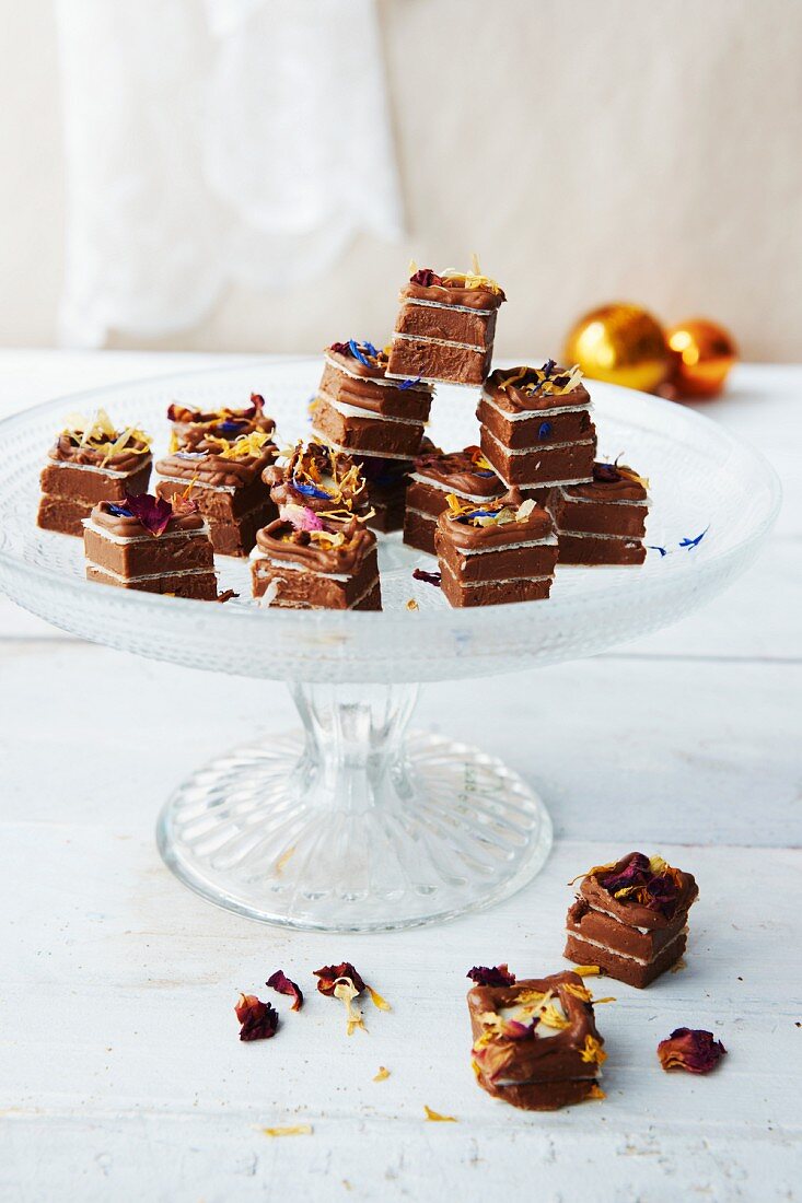 Layered vegan fudge with chocolate fruits for Christmas