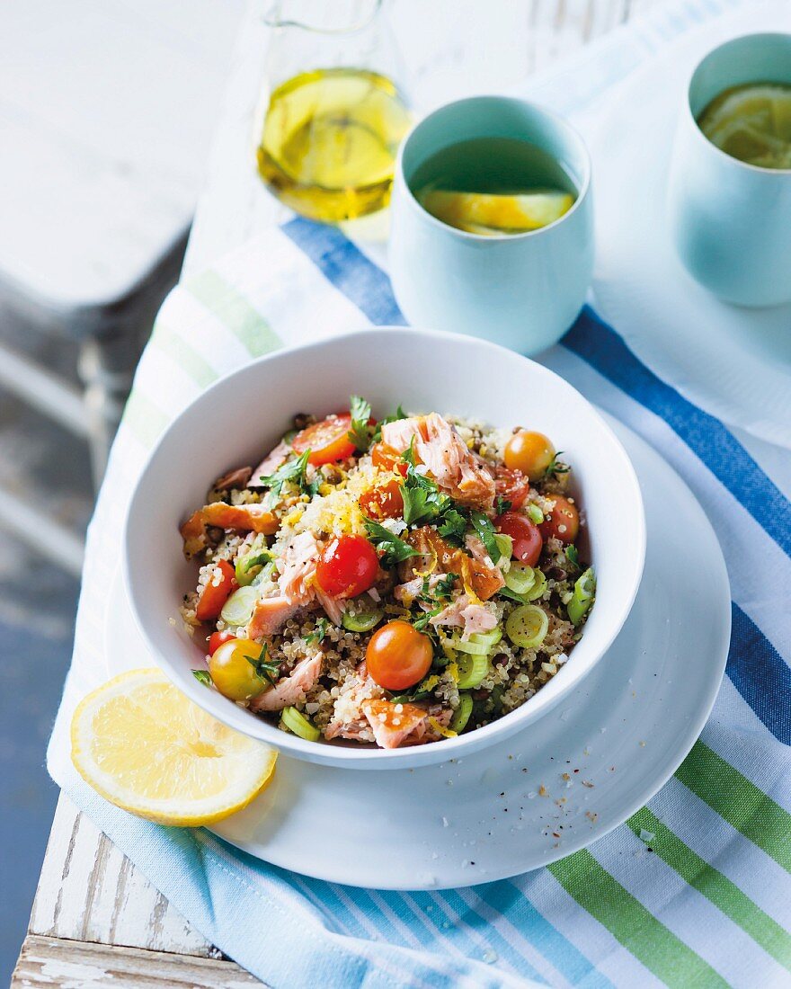 Quinoa and lentil salad with smoked salmon