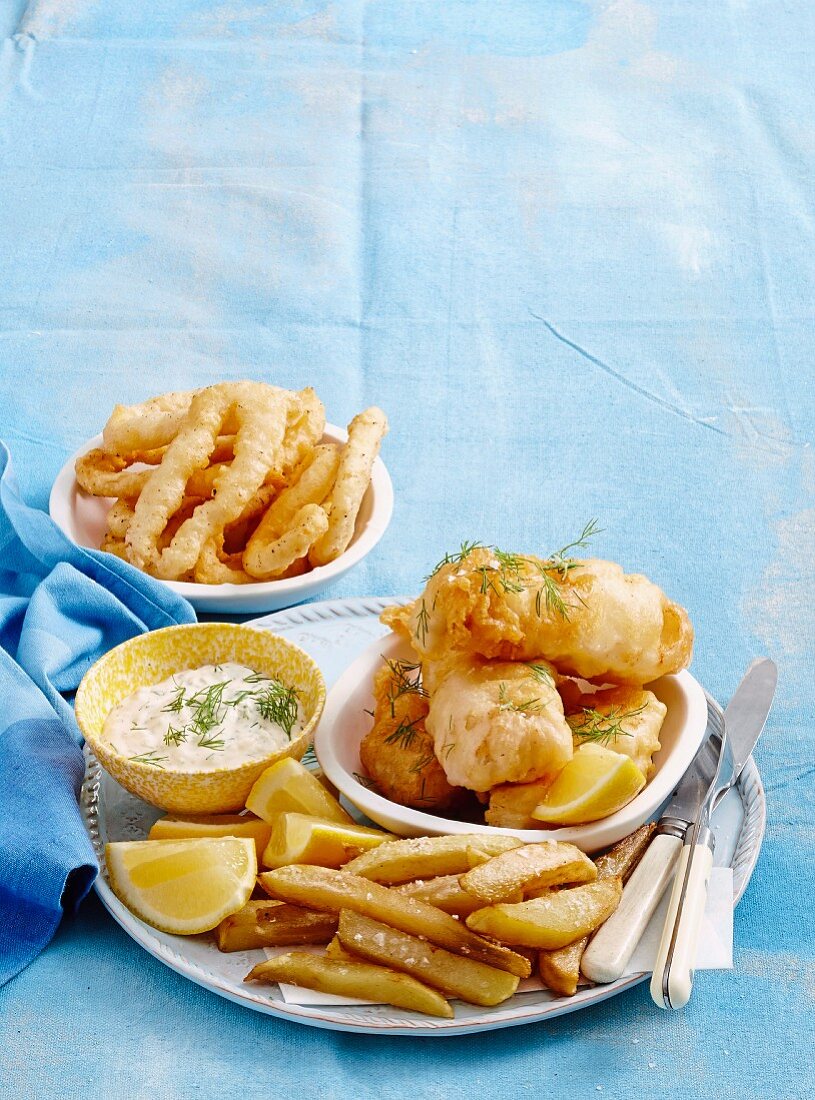 Calamari, fish and chips