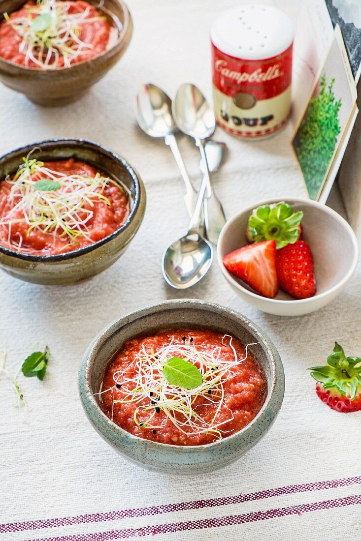 Strawberry gazpacho with bean sprouts