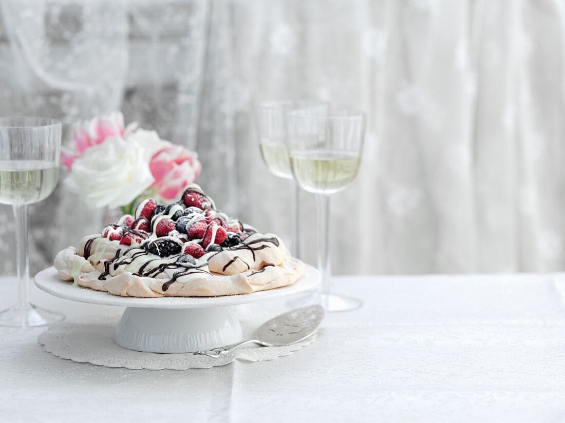 Pavlova with chocolate and raspberries