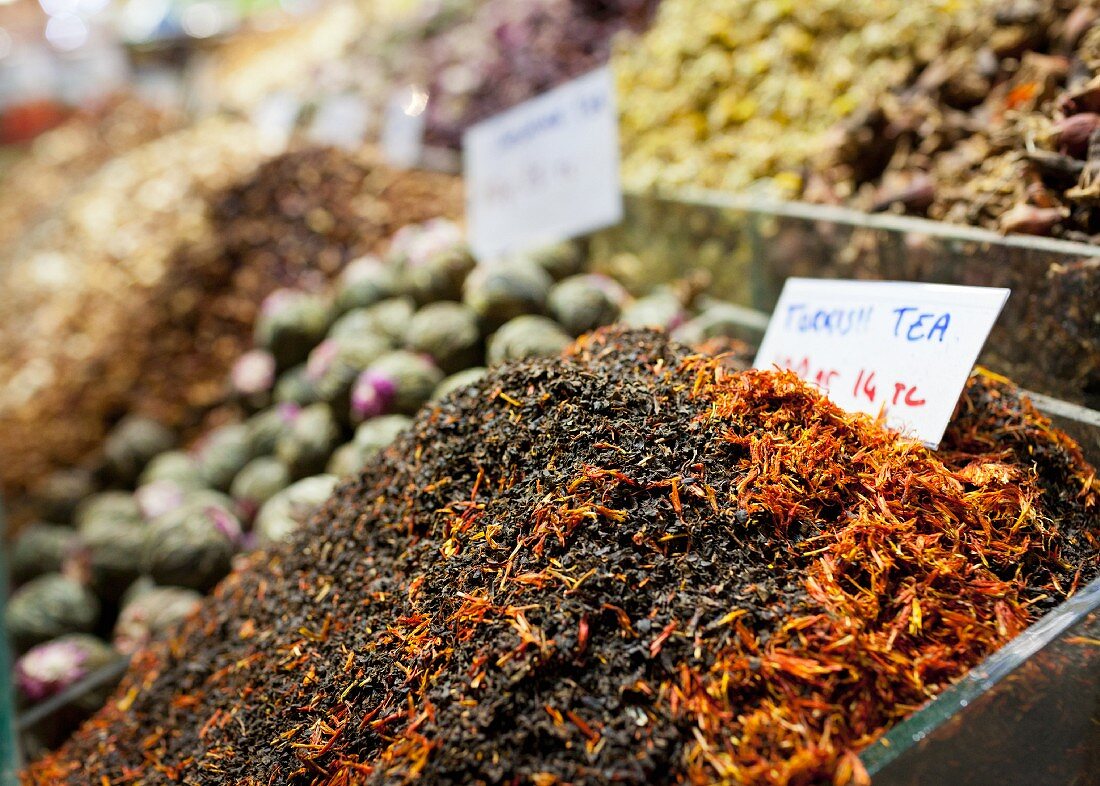 Varieties of loose tea at a street market in Istanbul, Turkey