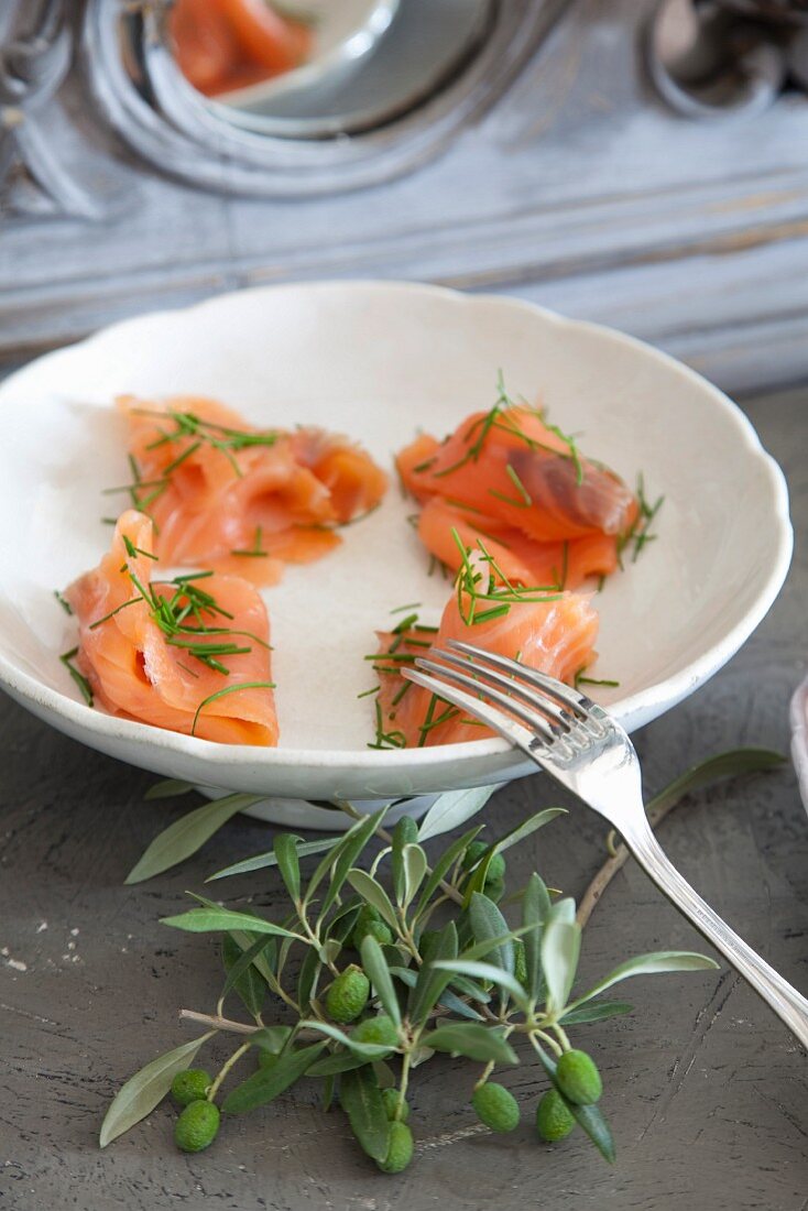 Lachs mit Dill in weisser Schale, davor Olivenzweige