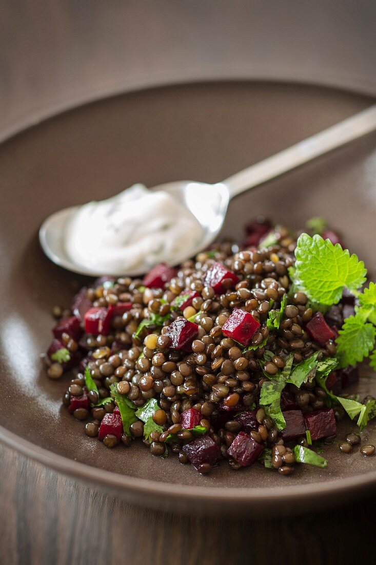 Lentils with beetroot and lemon balm