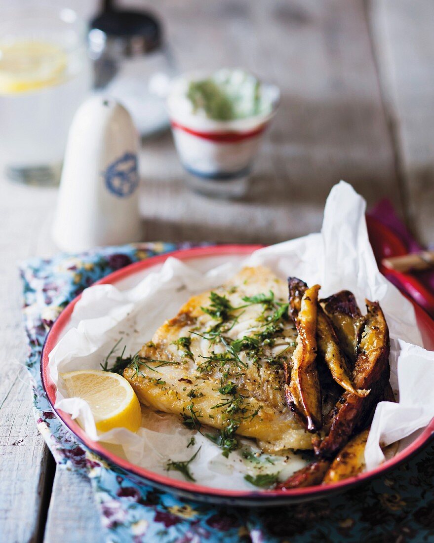 Hake fillets with spicy sweet potatoes