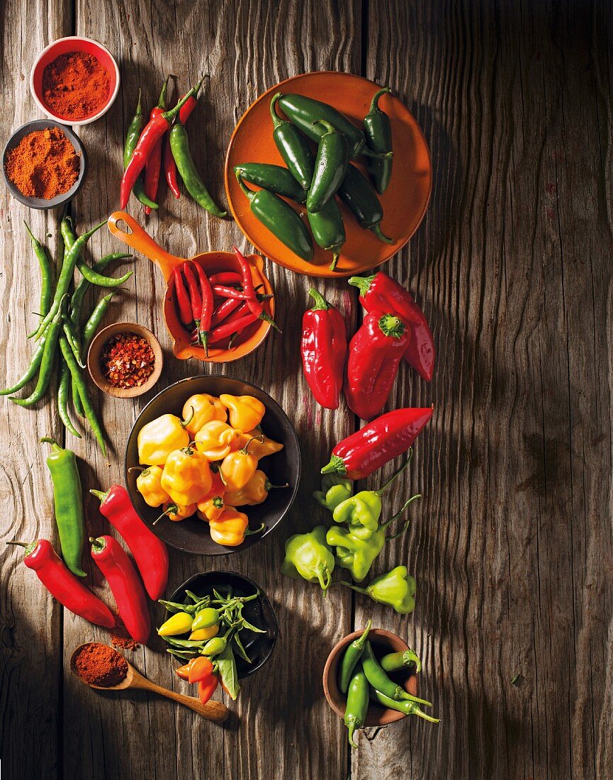 An arrangement of various chilli peppers and chilli powder