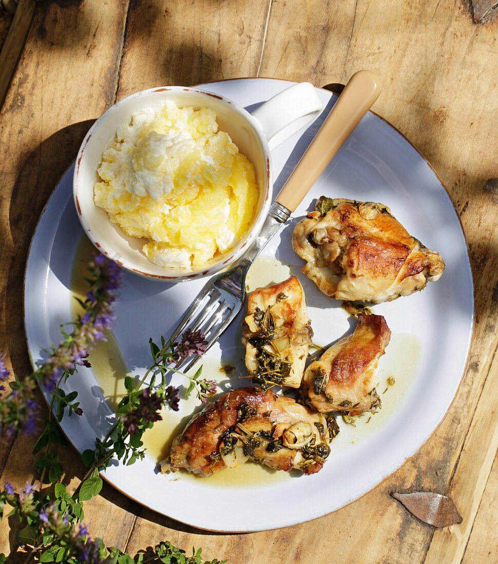 Braised herb rabbit with polenta