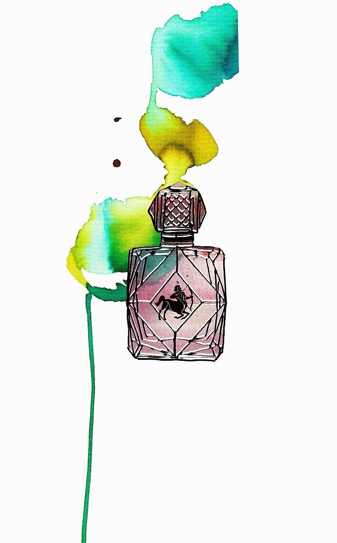 An illustration of the star sign Sagittarius as a bottle of perfume