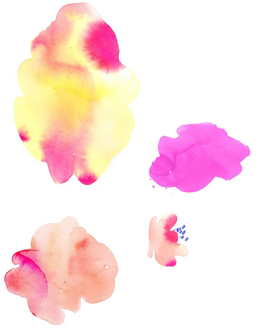 Cloud-shaped blots of watercolour paints in yellow, magenta and pink on white background