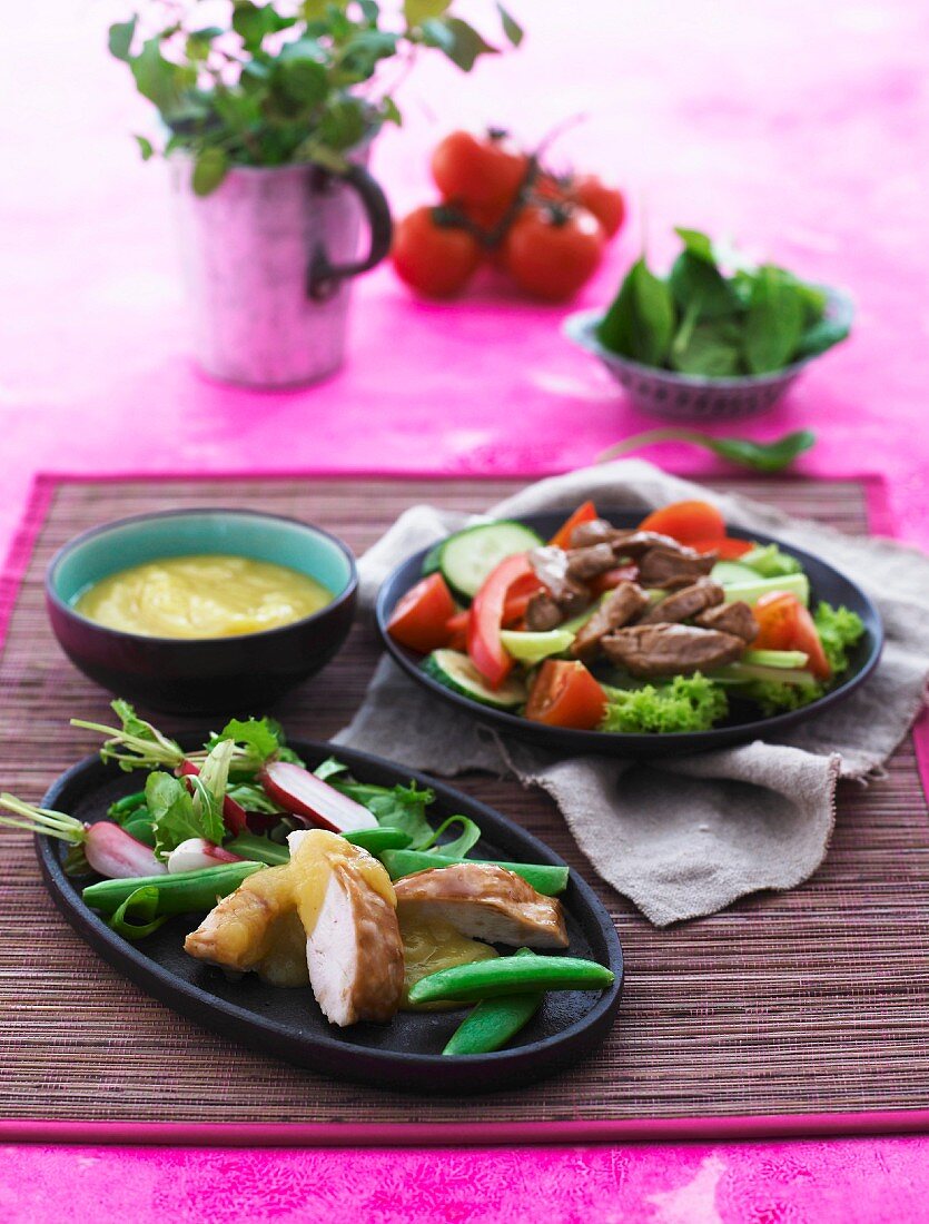 Apple and mango sauce with a crisp salad, duck and chicken