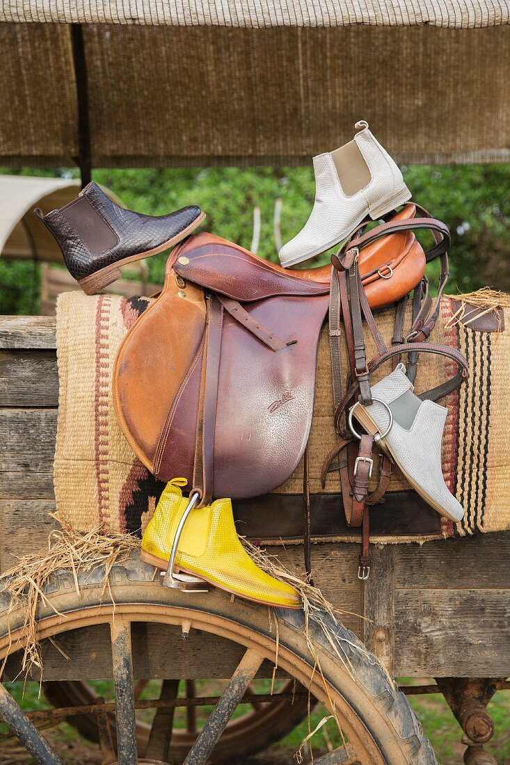 Various types of Chelsea boots on a saddle