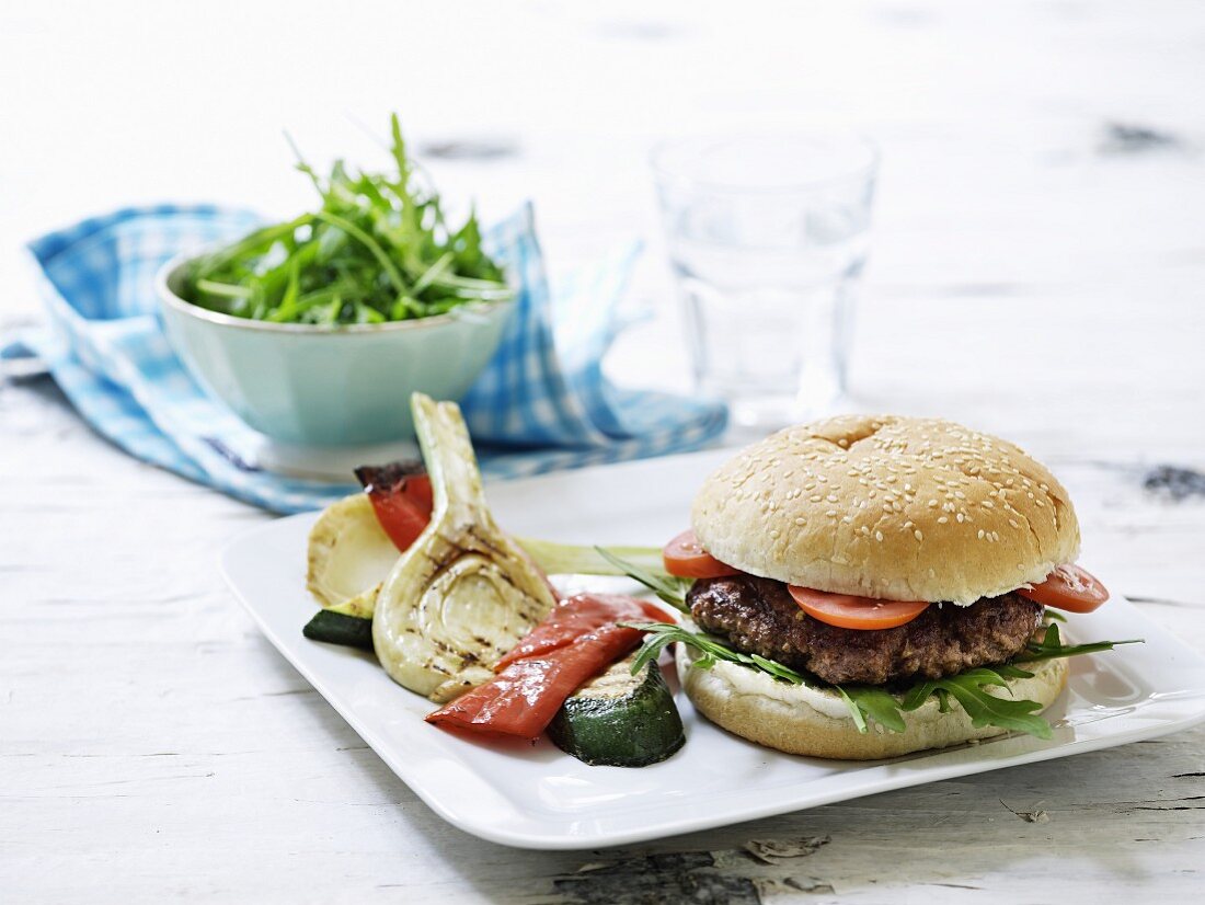 A burger with grilled vegetables