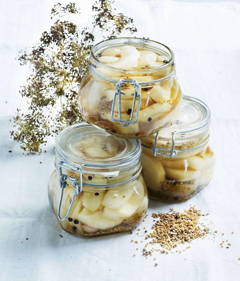 Pickled with dill, peppercorns and mustard seeds