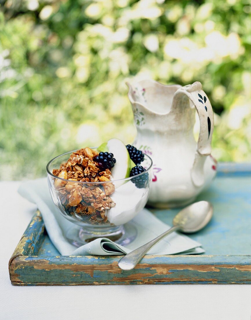 Müsli mit Joghurt, Apfel und Brombeeren auf Gartentisch