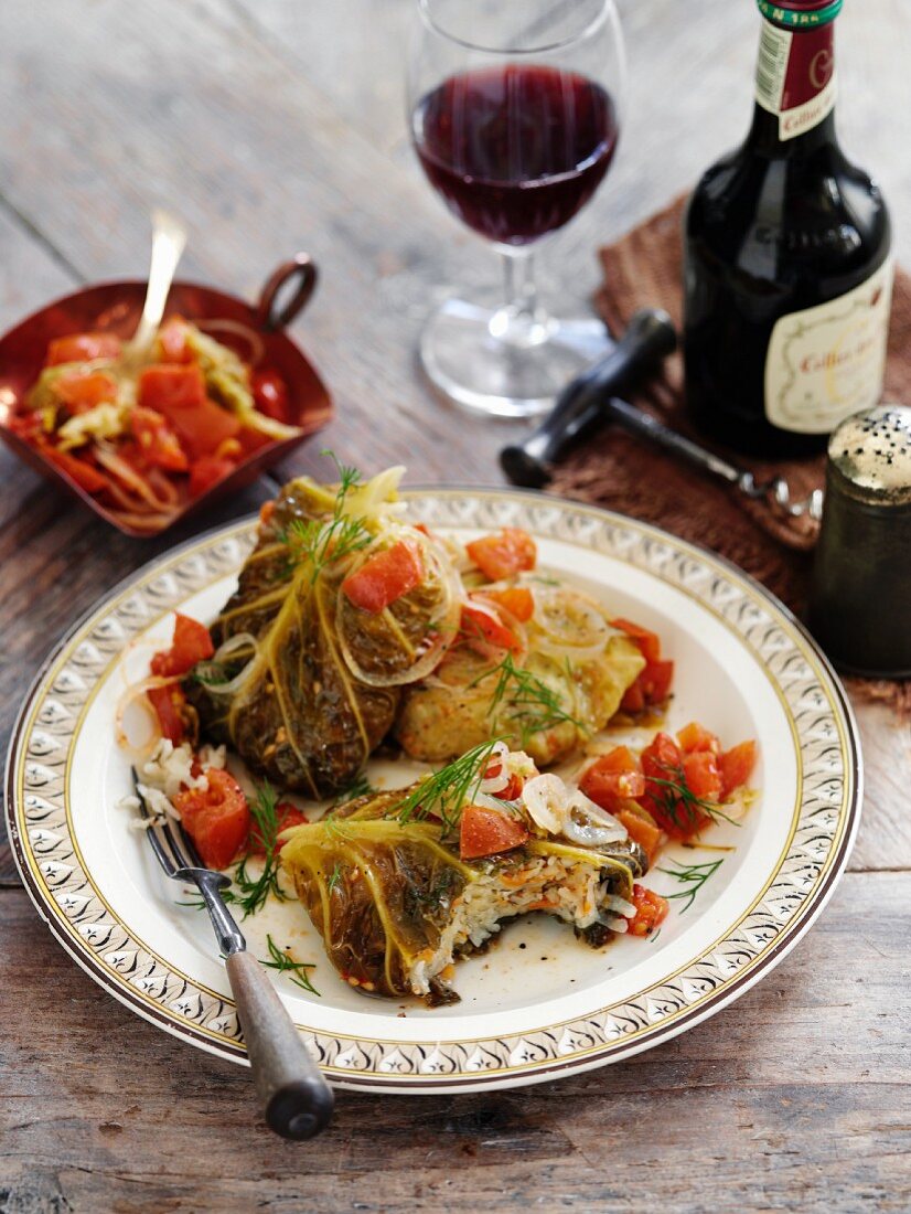 Stuffed savoy cabbage leaves braised on a low heat