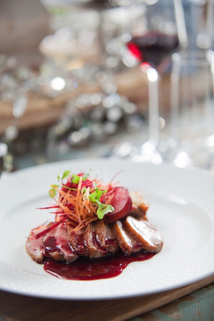 Duck breast with plums and red wine sauce