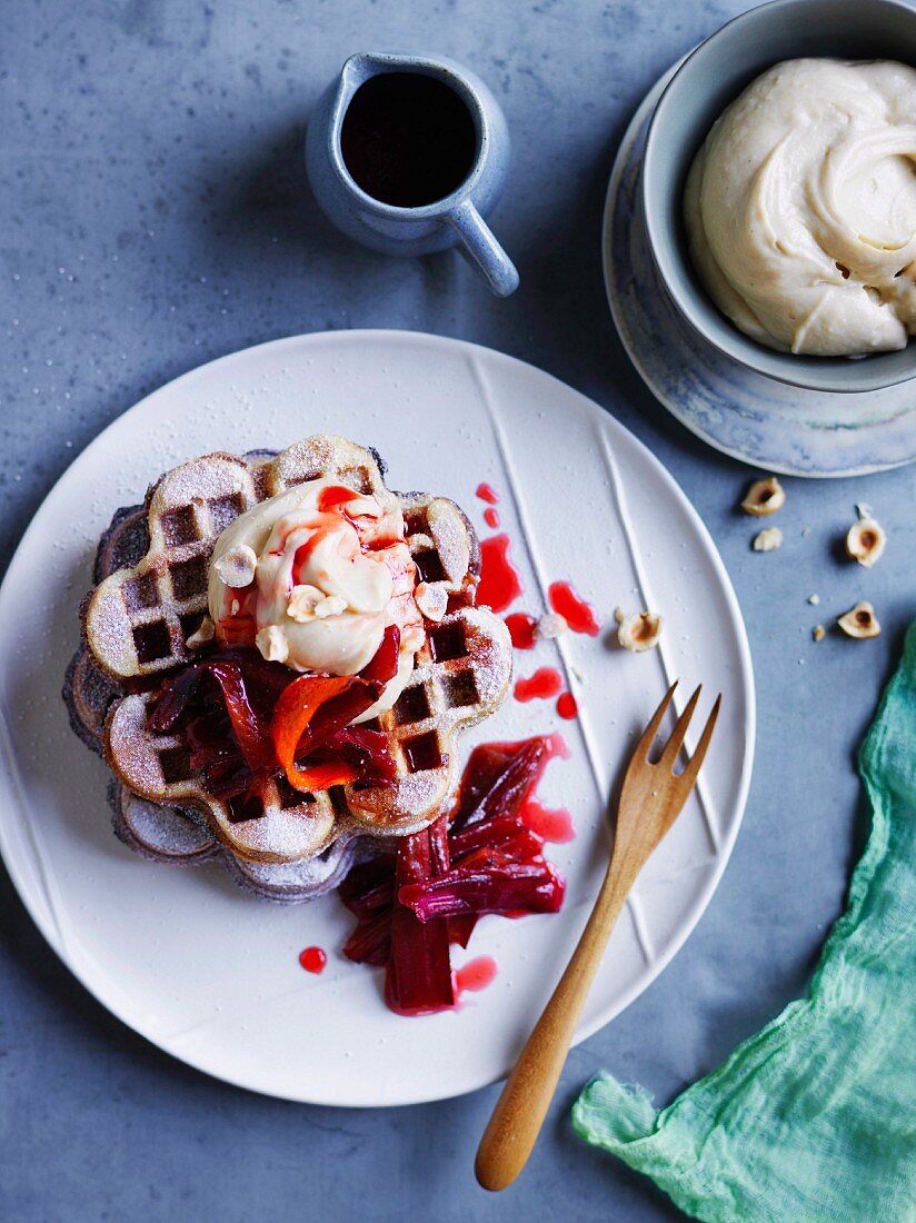 Rhubarb and custard brown sugar waffles