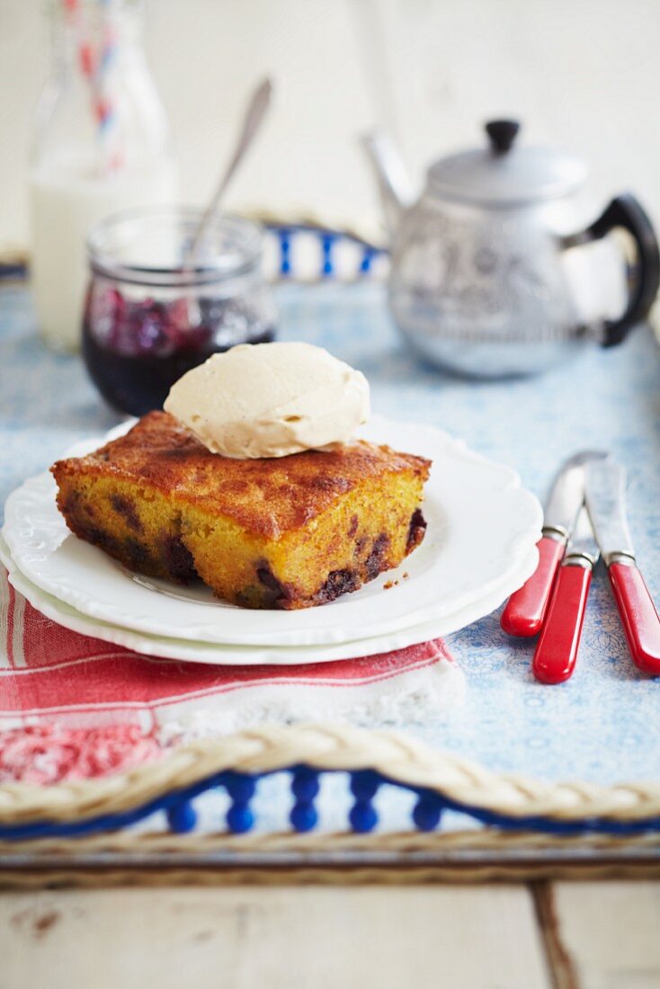 Blackcurrant cobbler with vanilla ice cream