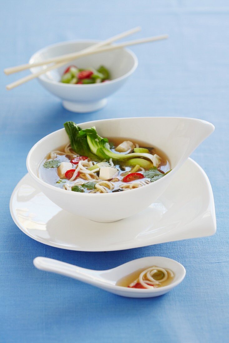 Nudelsuppe mit Hähnchen, Pak Choi, Koriander und Chili (Asien)