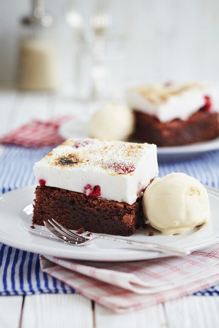 Chocolate cake with a layer of raspberry cheese cake served with vanilla ice cream
