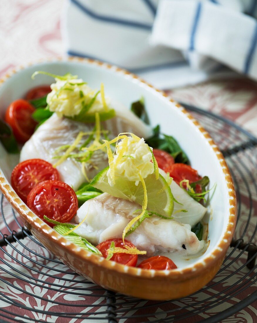 Cod with lemon and horseradish on a bed of vegetables