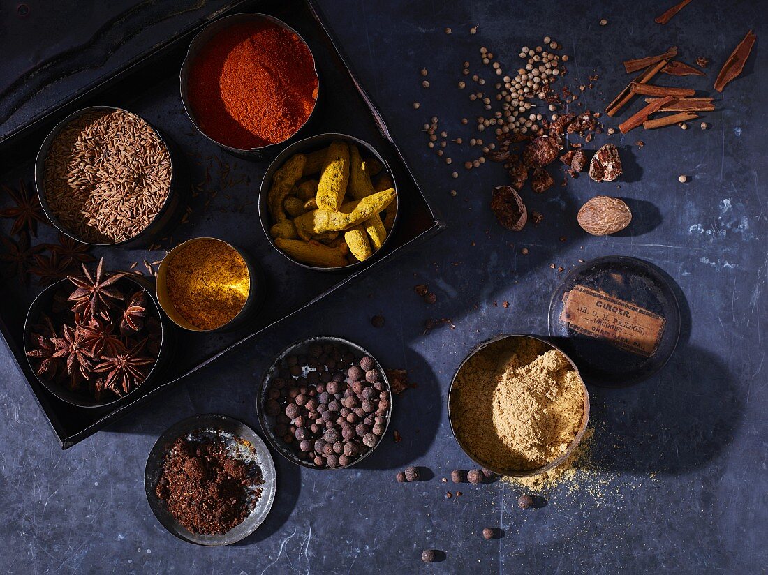 Dried spices in metal tins