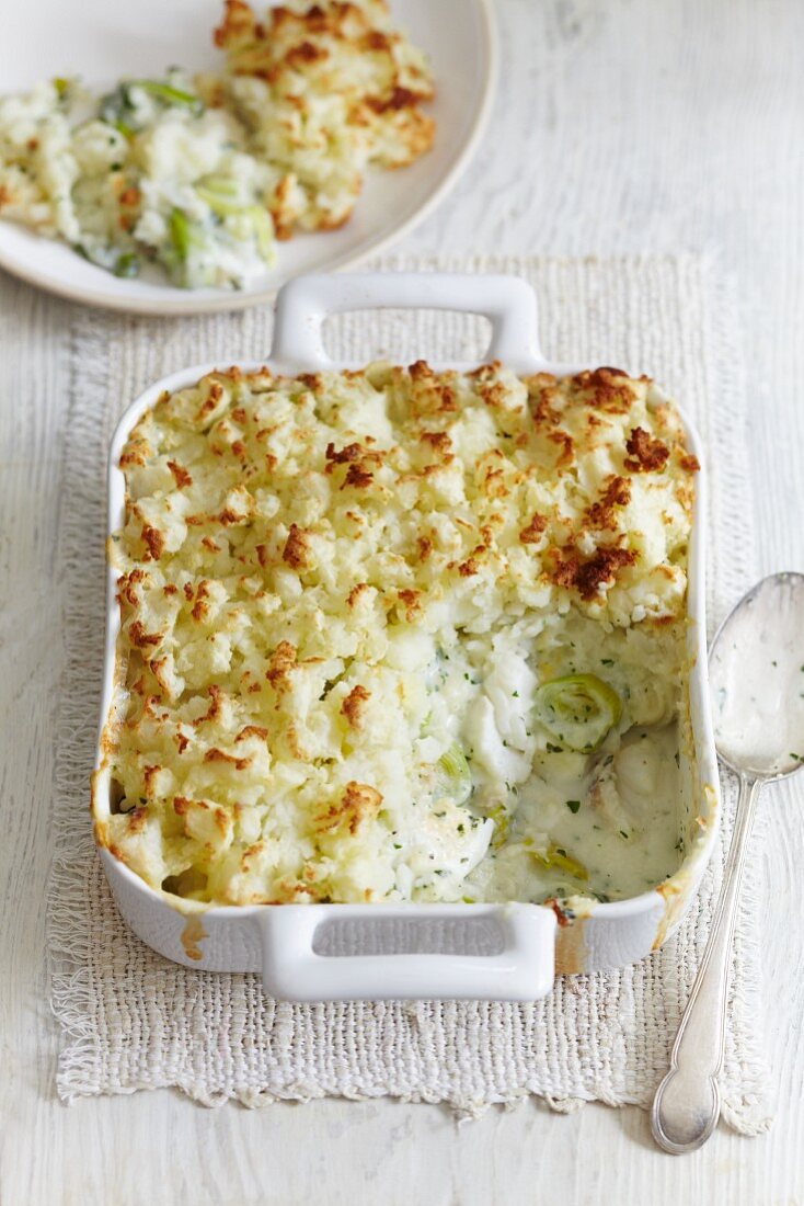 Fish pie with leeks and a potato topping